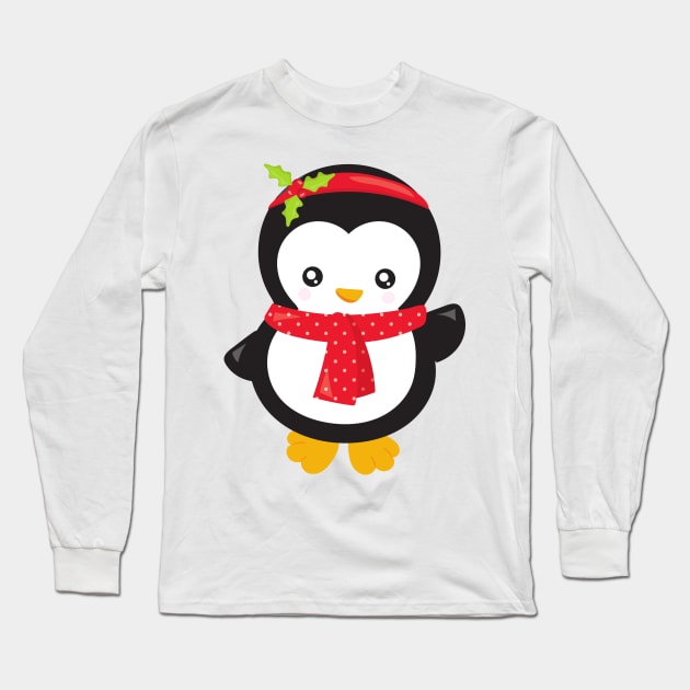 Christmas Penguin, Penguin With Scarf, Mistletoe Long Sleeve T-Shirt by Jelena Dunčević